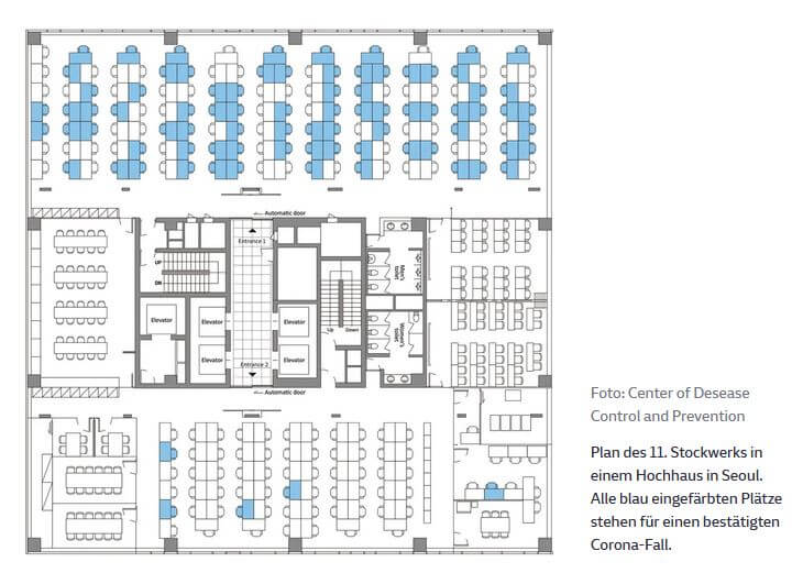 Ein Raumplan eines Großraumbüros, blau markierte Arbeitsplätze sind bestätigte Corona Fälle